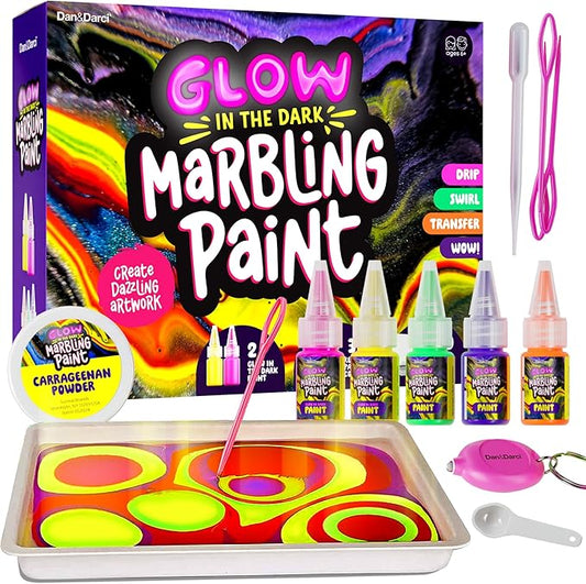 Dan&Darci Glow in The Dark Marble Paint Kit for Kids - Water Marbling Painting Art Set for Boys & Girls Ages 6, 7, 8, 9, 10, 11, 12 Year Old - Kid Crafts Birthday Gifts Toys - Arts Craft Activities