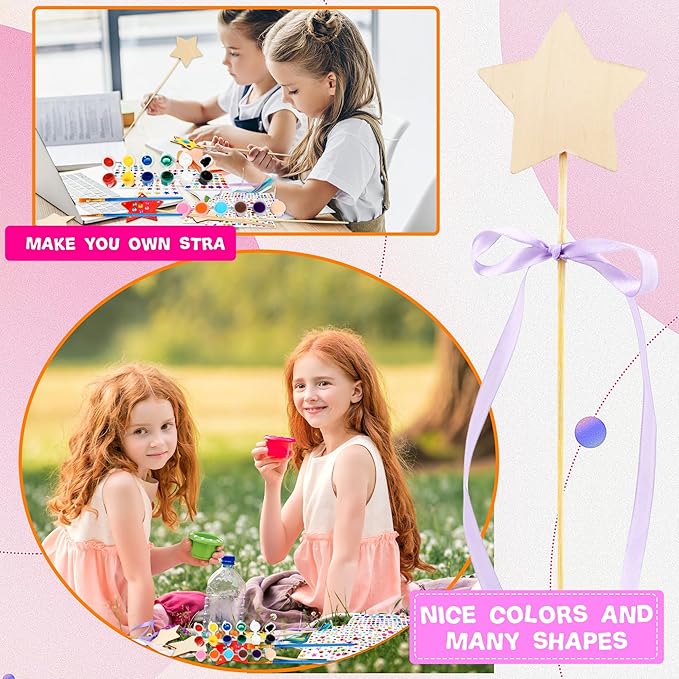 122 Pcs Unfinished Star Princess Fairy Wands Kit Make Your Own Princess Wand DIY Art Craft Magical Wand Include 48 Star Wooden Fairy Wands 24 Gem Stickers 48 Ribbons 12 Markers for Kids Party Supplies