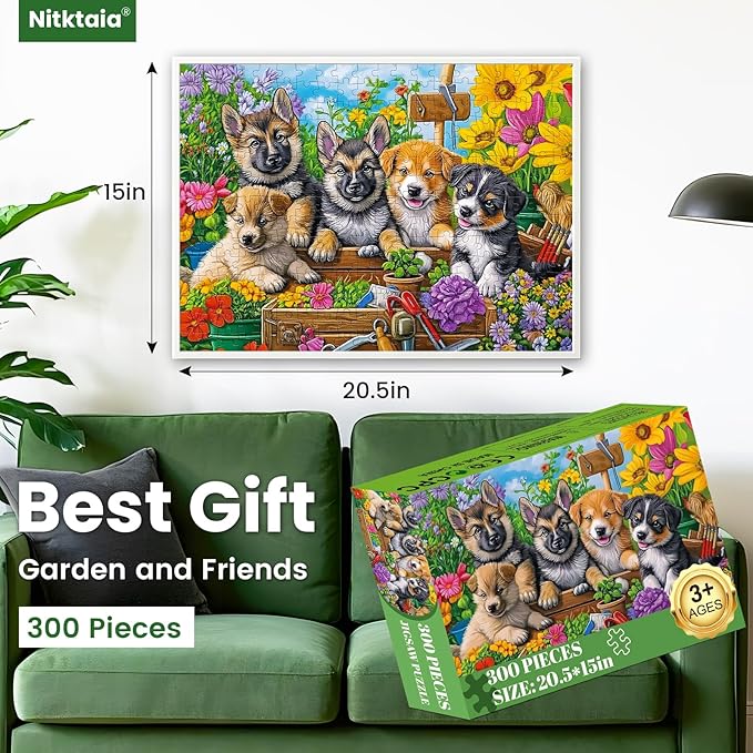 300 Piece Puzzles for Adults,Fun Puppies Puzzle for Adults Teens,Large Piece Cute Dogs Jigsaw Puzzle for Kids Ages 8-10 10-12,Glossy Sturdy Pieces,Challenging Family Game Great Gift Idea,20.5 x 15 in