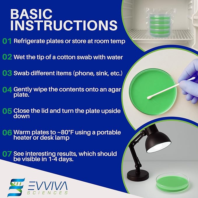 Evviva Sciences Nutrient Agar Petri Dishes Science Project Kit, Pre-Poured Agar Plates for Science Experiments, with Experiment eBook (Green)