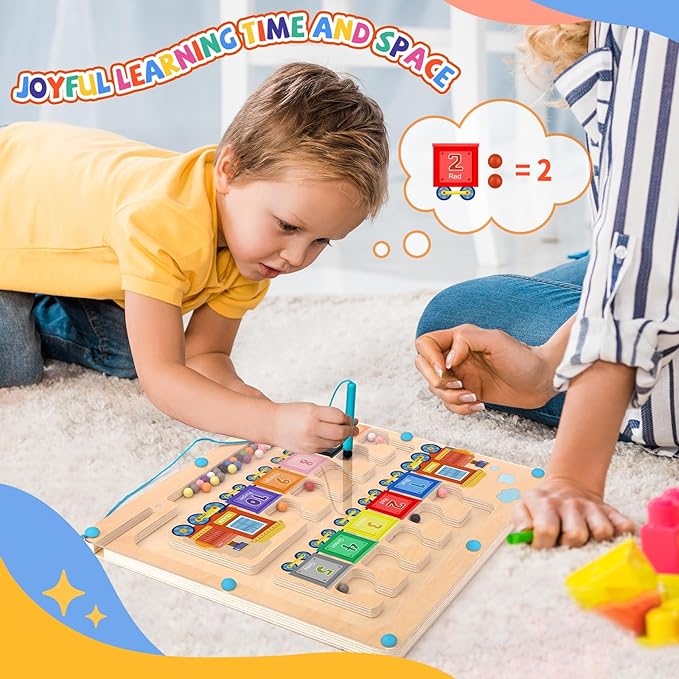 Magnetic Color and Number Maze,Montessori Toys for 2-5 Years Old Boys,Wooden Magnet Balls Puzzles,Toddler Busy Board,Preschool Learning Activities,Christmas & Birthday Gift for Kids