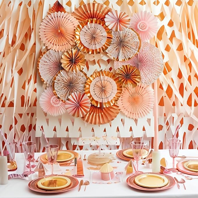 PapaKit Origami Wall Decoration Set (8 Assorted Round Paper Fans) Birthday Party Baby Shower Wedding Events Decor | Creative Art Design Pattern (Lustrous Pink Coral with Metallic Rose Gold)