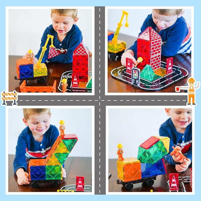 Magnetic Tiles Road Set with Magnet Crane Car, Construction Toys for Kids Ages 3-5 4-8 5-7, Creative Magnetic Building Blocks Toddler Toys, Gifts for 3+ Year Old Boys & Girls