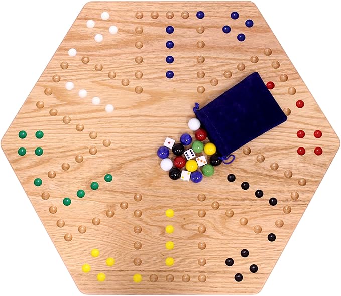 AmishToyBox.com Wahoo Wooden Marble Game Board Set - Large 24" Wide - Solid Oak Wood - Double-Sided - with Large 22mm Marbles and Dice Included