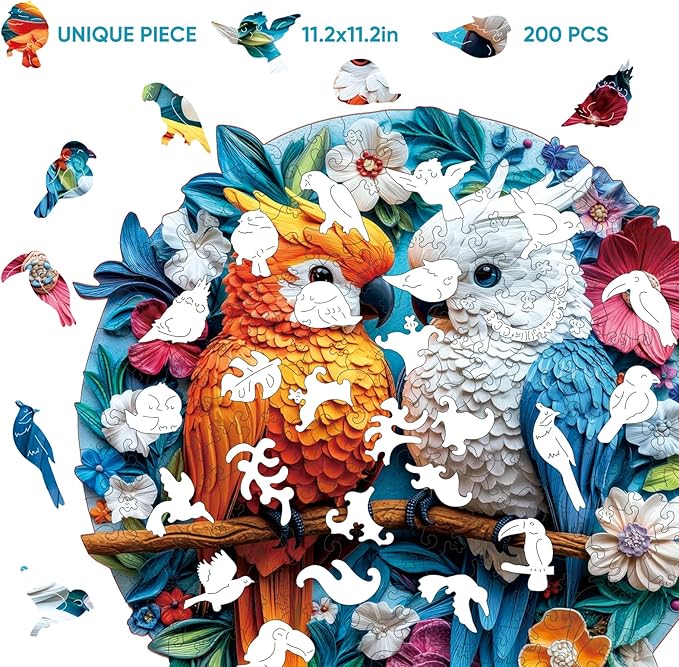 Wooden Puzzles for Adults, Round Parrots 200 Pieces-5MM Thickness,Bird Jigsaw Puzzles, 11.2 x 11.2 Inch,Unique Shaped Colorful Bird Puzzle Family Game Gift for Adults and Kids