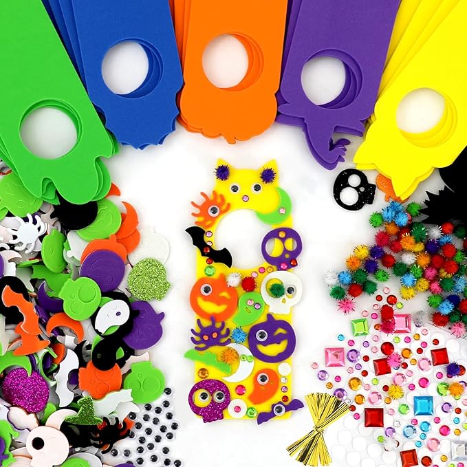 24 Set Halloween Craft Kits, DIY Halloween Doorknob Hanger Decorations Fall Arts & Crafts Supplies, Halloween Pumpkin Bat Ghost Monster Foam Stickers for Classroom Party Favors Activities