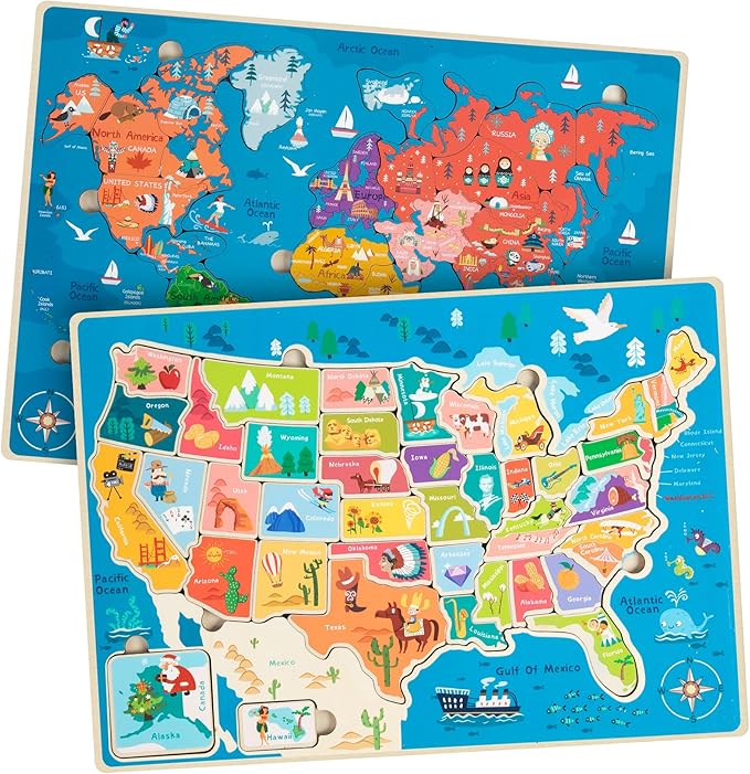 2 Pack Puzzles for Kids Ages 4-6, Wooden Puzzles for Toddlers, Busy Board, Map Jigsaw Puzzle Educational Wood Floor Puzzle, World USA Maps Puzzles Toy Gift for Boys and Girls (US & World Map)