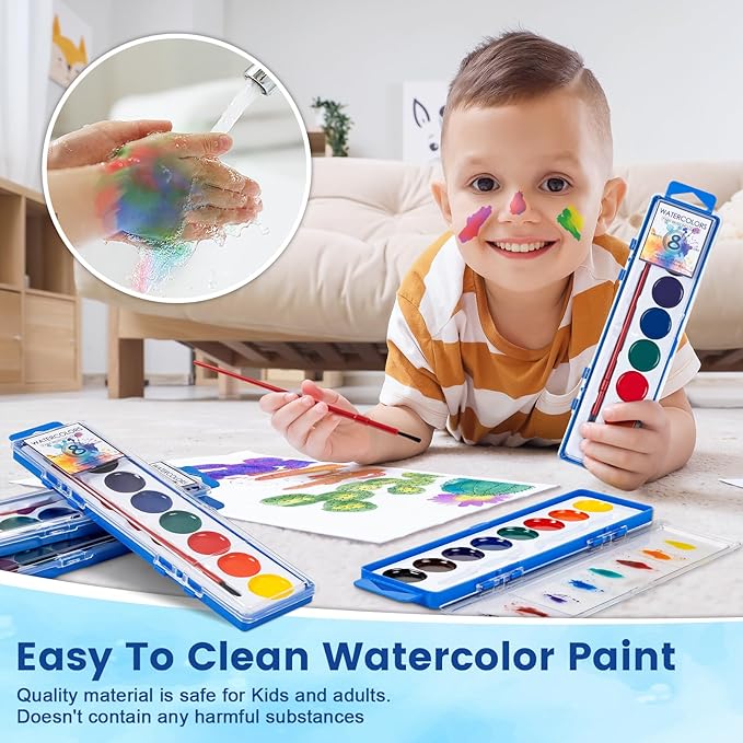 72 Pack Watercolor Paint Set Bulk,8 Colors Washable WaterColor Paint for Kids, Water Color Paint with Brushes, Ideal Gift for Party Favors, Art Supplies for School Classroom Home