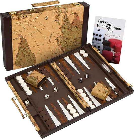 Get The Games Out Backgammon Set, Classic Board Game Case, 2 Players, Includes Strategy & Tip Guide, Perfect for Parties and Family Game Nights - Large, Map