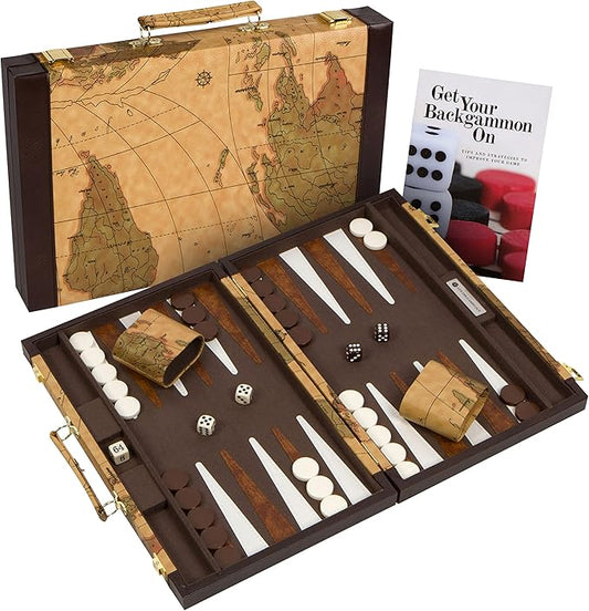 Get The Games Out Top Backgammon Set - Travel Backgammon Sets for Adults - Small Travel Size Classic Backgammon Board Game Case - Includes Strategy Guide & Full 15 Pieces (Map Edition, Small)