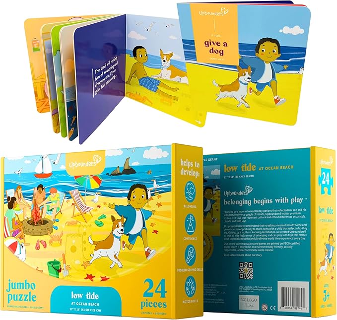 Upbounders® 24 Piece Jumbo Floor Jigsaw Puzzle & Picture Book Set for Kids | Low Tide at Ocean Beach Puzzle for Toddlers & Children | Educational Board Book Toddler Toy Kit for Boys & Girls Ages 3+