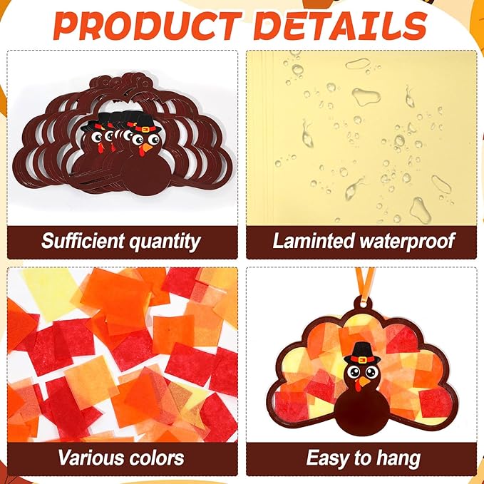 Qyeahkj 36 Set Thanksgiving Turkey Suncatchers Craft Crafts for Kids DIY Fall Window Tissue Paper Craft Kit Autumn Hanging Decor for Harvest School Home Activity Art Project Birthday Party Favor Gift