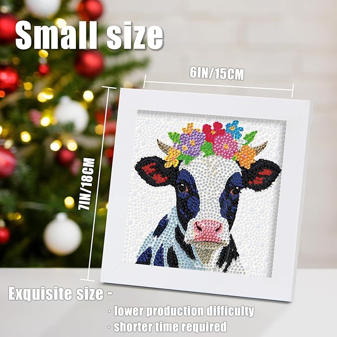 geesfayan Diamond Art Kits for Kids Ages 8-12,6 Inch DIY Gem Art Painting with 7 Inch Frame, Complete Starter Kit for Beginners, Creative Arts & Crafts Gift for Girls & Boys (Black White Cow)