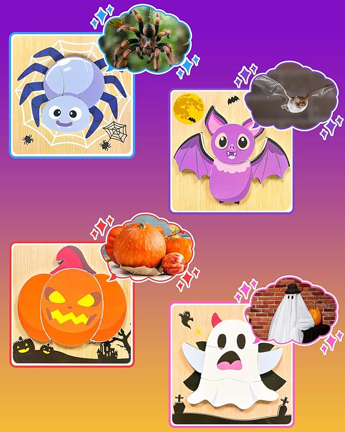 Halloween Wooden Puzzles for Toddlers, 4 Pack Halloween Toys Party Favors Treats, Montessori Toys Birthday Gifts for Kids Boys Girls