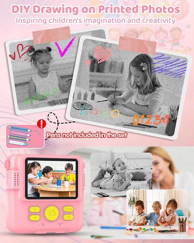 Instant Print Camera for Kids with 3 Rolls of Printer Paper, 1080P Toddler Digital Camera Toys for Age 3-12 with 32GB SD Card, Christmas & Birthday Gifts for 3 4 5 6 7 8 Year Old Girls & Boys (Pink)