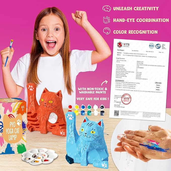 Paint Your Own Yoga Cat Lamp Kit, DIY Cat Crafts Night Light, Arts & Crafts for Kids Age 8-12, Art Supplies Painting Kit, Birthday Easter Party Holiday Gift for Teens Girls Boys Age 3 4 5 6 7 8+