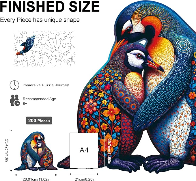 Wooden Puzzles for Adults Penguin Family Puzzle - Laser-Cut Unique Shaped Stress Relief Jigsaw Puzzle, Wall Art Home Decor Gift for Family (11.2"×10.2" 200pcs)