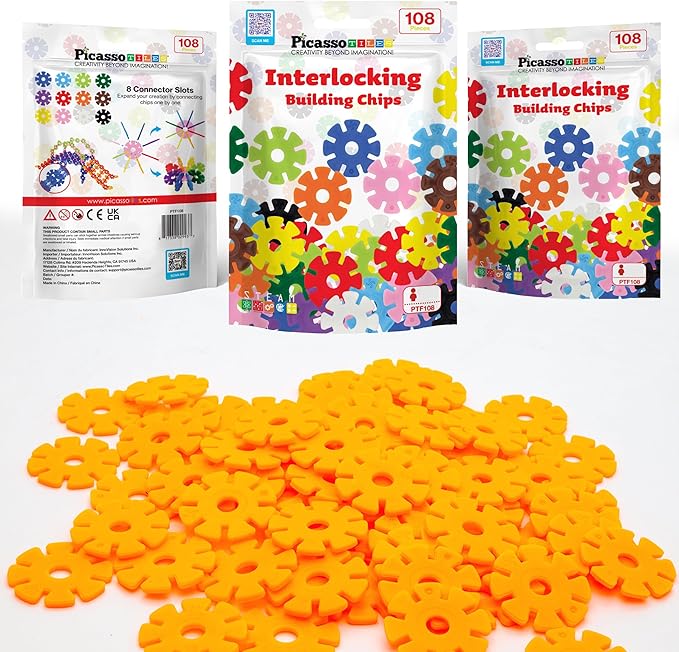 PicassoTiles Building Chip Interlocking Disc Construction Blocks in Orange Color STEM Learning Early Education Toy Engineering Playset Child Brain Development for Toddlers Girls Boys Kid Age 3+ PTF108
