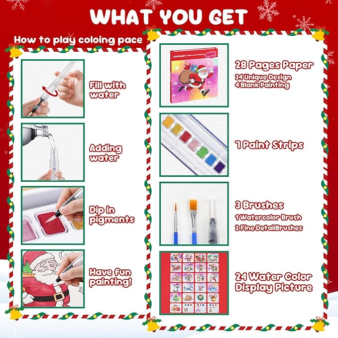 Christmas Paint with Water Coloring Books for Kids, Xmas Season Watercolor Painting Kit Painting Activity for Kids Ages 3-5 4-8, Mess Free Arts Crafts Drawing Gift Toy for Boy Girl