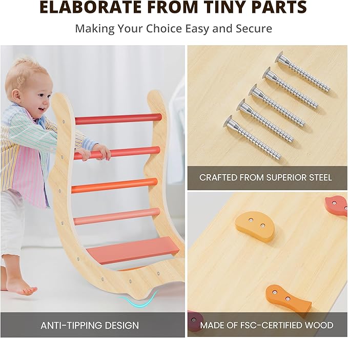 BlueWood Pikler Triangle Set, Toddler Wooden Climbing Toys Indoor 7in1 Foldable Climber for Kids, Montessori Philosophy Play Jungle Gym with Arch, Ramp, Ladder (Farm Charm Autumn)
