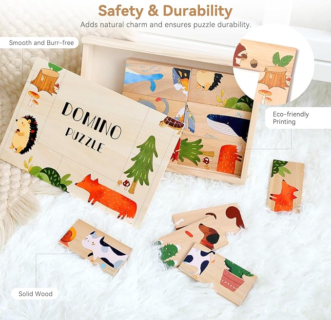Wooden Puzzles for Toddlers Toddler Puzzles – Montessori Animal Toy Puzzle for Toddlers 3-5 Year Old – Wood Toy Learning Realistic Animals for Boy and Girl(Domino Shape)