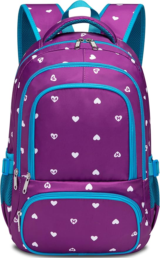 BLUEFAIRY Kids Backpack for Girls Primary Elementary School Bag Bookbag for Childs Book Bag Mochilas Escolares para Niรฑas de 4-6 Back to School Cute Gifts 17" Heart Print/Purple