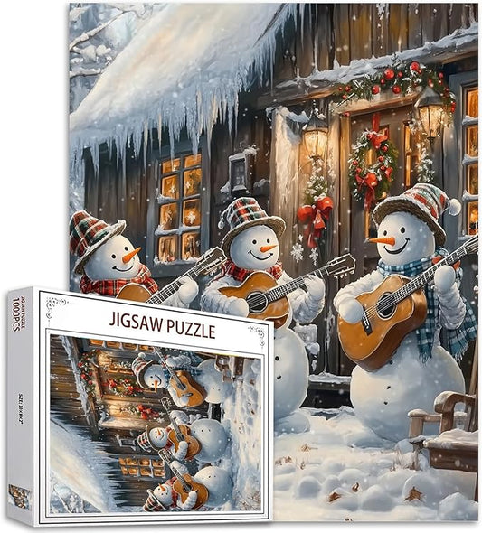 Merry Christmas 1000 Piece Jigsaw Puzzles for Adults Snowman Playing Guitar Painting Jigsaw Puzzle Winter Landscape 1000 Pieces Puzzles Game Home Wall Decor DIY Craft Wooden House Puzzle Art Gift