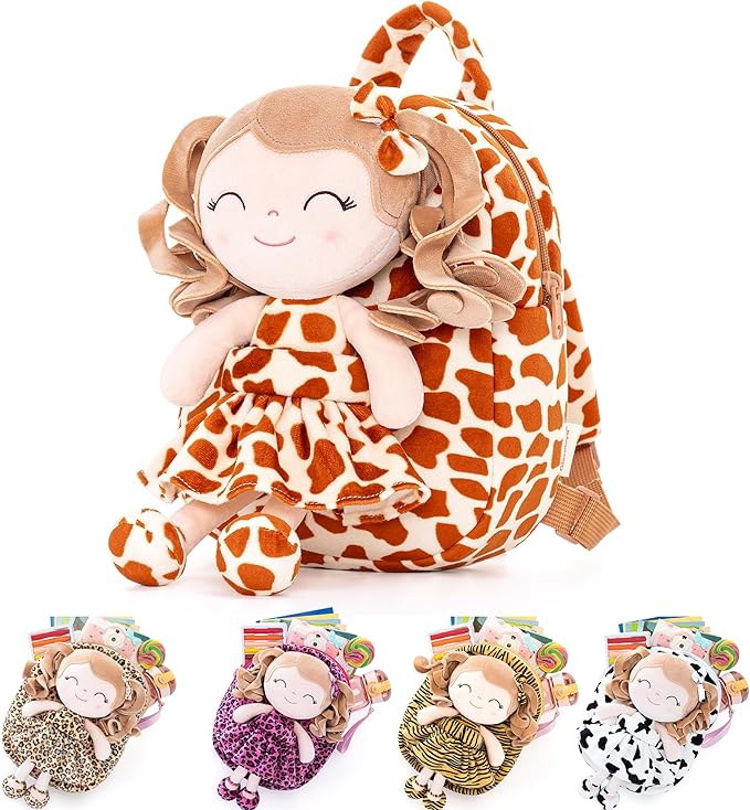 Gloveleya Toddler Backpack Baby Girl Gifts Curly Hair Plush Figures Dress Backpack Kids Backpack Curly Animal - Giraffe 9inches