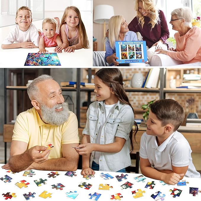 6 Packs 24 Large Piece Puzzles for Seniors,Animals Puzzle for Seniors with Dementia,Turtle Panda Cat Dolphin Bird Dog Easy Jigsaw Puzzle for Alzheimers Memory Games Dementia Activities