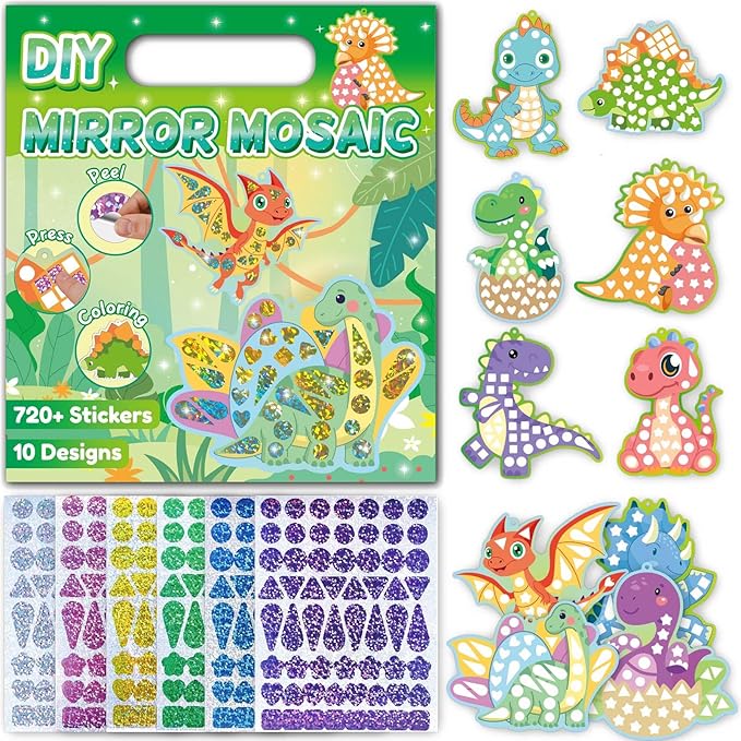 iGetooy 10 Sets DIY Mosaic Stickers for Kids, Dinosaur Art Craft Kit with 720+ Stickers, Travel Toys for Kids, Birthday Gifts for Girls and Boys 3-8 Year Olds