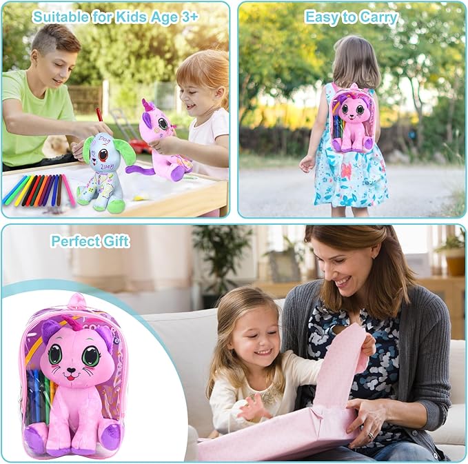 Coloring Plush Toy with 12 Washable Markers for Little Girls Doodle Dolls Arts and Crafts Soft DIY Washable Doodle Stuffed Animal Toy for Kids Ages 4-6 Birthday (Pink Cat)