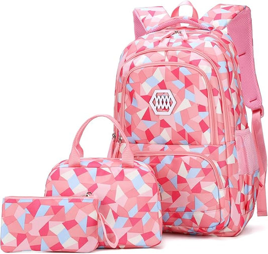 Bansusu 3Pcs Pink-a-3pcs Geometric Print Backpack and Lunch-Bag Set for Girls School Elementary Bookbags, 12.999.4418.89inch
