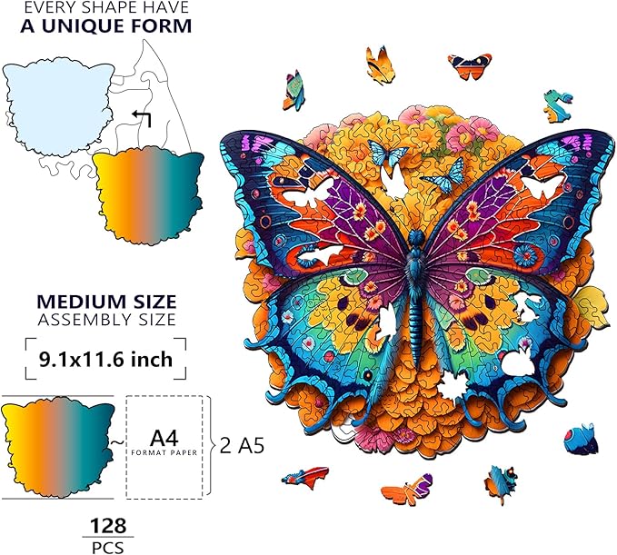 Wooden Puzzles for Adults, Unique Puzzles for Adults, Irregular Animal Shaped Wooden Jigsaw Puzzles, Creative Birthday Gift,11.8 x 9.1 inch, Butterfly