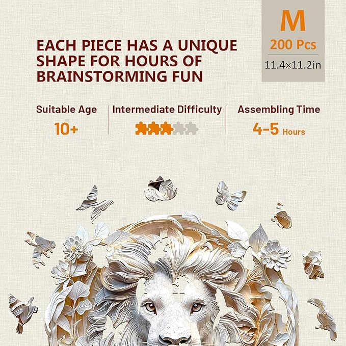 Wooden Puzzles for Adults, 3D Visual Effect Paper Lion Puzzle, Wood Puzzles Adult, Unique Animal Shape, Paper Sculpture Modern Art Puzzle, Gifts for Friend, Canvas Wall Art (M-11.4 * 11.2in-200 pcs)