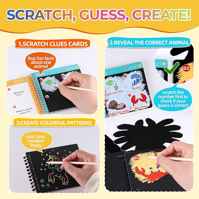 Glow-in-The-Dark Scratch & Guess Animal Cards, with 2 Pack Rainbow Scratch Notebooks, Mess Free Toddler Craft, Crafts for Kids Ages 4-8, Travel Party Gifts for 4 5 6 7 8 9 Year Old Girls Boys