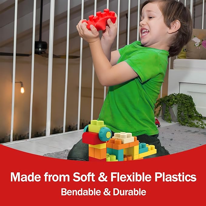 Soft Building Blocks STEM Montessori Preschool Learning Stacking Sensory Toys, Large Construction Block Set, Rubber Blocks 12-18 Months Block Bag with 42 Pieces and Storage