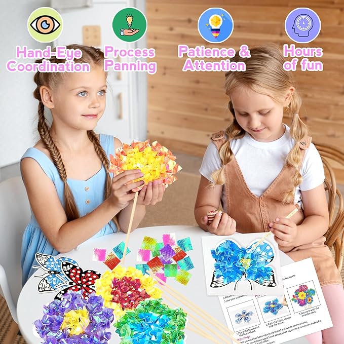 Poke in Fun Art Flower Bouquet Craft Kits for Kids,with 10 Flowers & 2 Butterflies,Arts and Crafts,Mess-Free Craft,DIY Art Activity Birthday Christmas Gifts Ideas for Girls & Boys Ages 4-10+