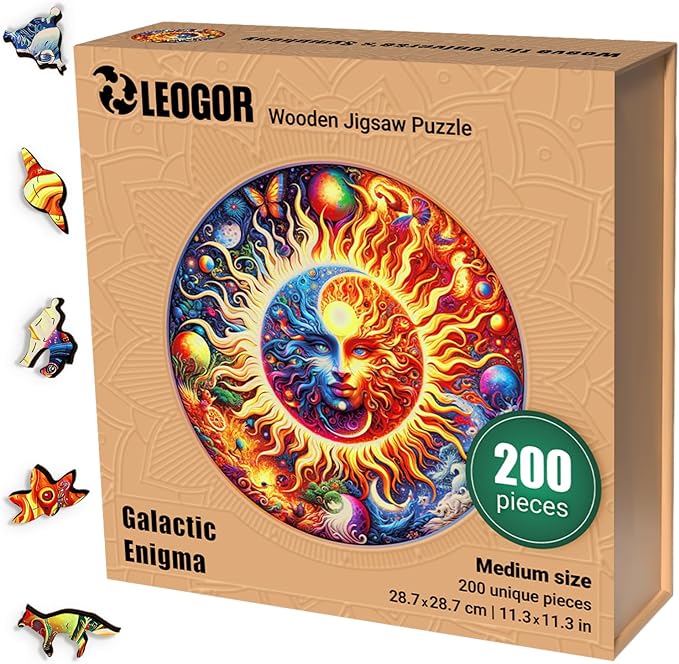 LEOGOR Wooden Jigsaw Puzzles for Adults 200 Pieces (11.3 × 11.3 in), Sun Moon Puzzle, Extra-Thick 5mm Wood, Round Mosaic Puzzle, Unique Animal Shapes, Relaxing Artistic Gift for Adults and Teens