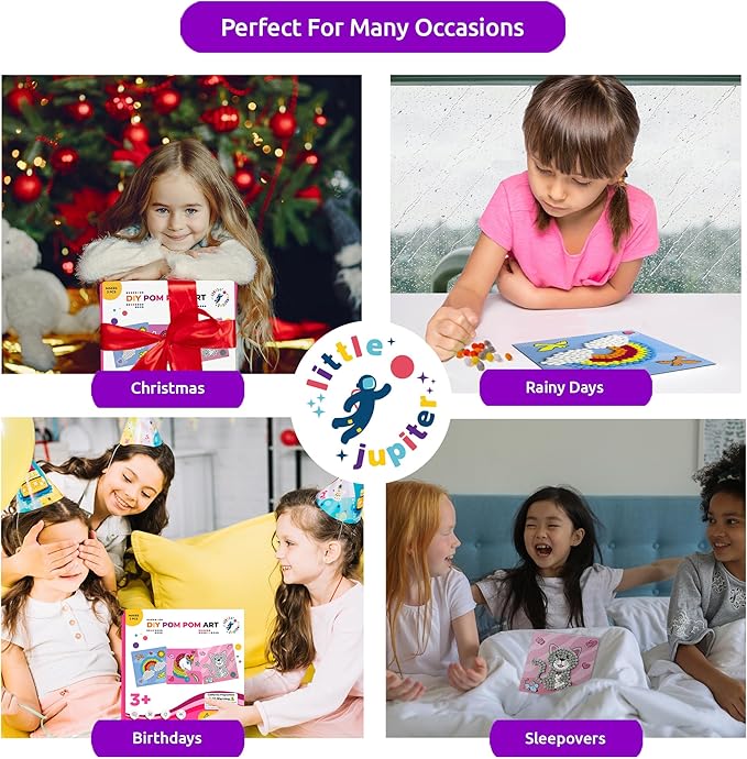 Little Jupiter DIY Pom Pom Art - Makes 3 Pieces -Boy & Girl Crafts for Kids Age 3-5 - Toddler Crafts - Pom Pom Art Projects for Kids 3-5 - (Set 2-Unicorn, Rainbow, Cat)