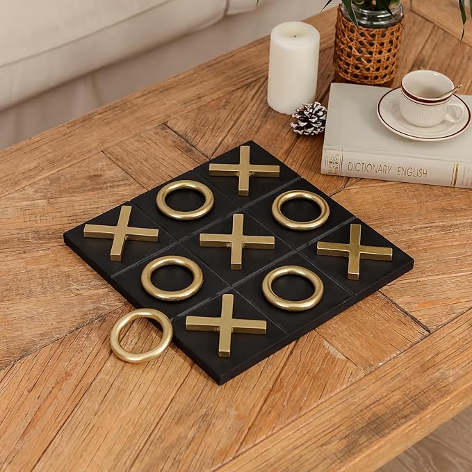 NIKKY HOME 12x12 Inch Tic Tac Toe Wood Game Board Classic Coffee Table Decor Modern Wooden Travel Game for Family, Black & Gold