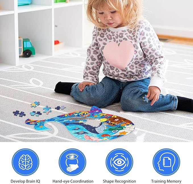 Jigsaw Puzzles for Kids Ages 4-8, 108 Pieces Whale Shaped Cardboard Puzzles for Animal Lovers, Sturdy Floor Puzzles Box and Poster, Educational Toys Gift for Boys Girls, 23.38 x 14.72 Inch