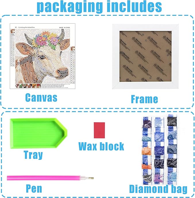 geesfayan Diamond Art Kits for Kids Ages 8-12,6 Inch DIY Gem Art Painting with 7 Inch Frame, Complete Starter Kit for Beginners, Creative Arts & Crafts Gift for Girls & Boys (Cow)