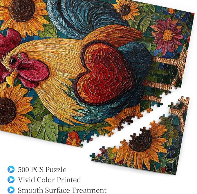 500 Piece Wooden Puzzle for Adults,The Art of Chickens and Hearts in Sunflowers,Bold Farm Animal Artwork,Brain Training Challenge,Stress Relief Activity,Eco-Friendly Woodens Pieces
