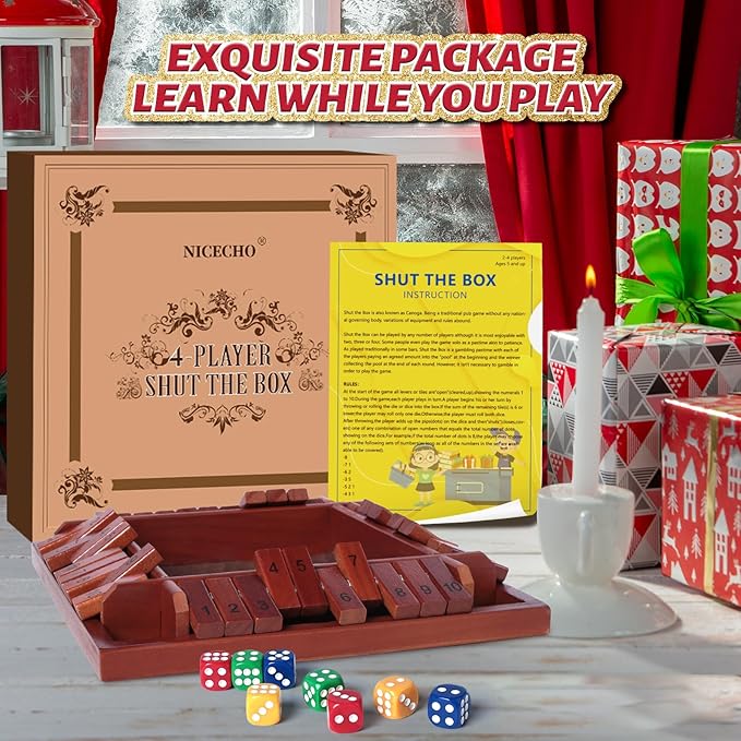 Nicecho Shut The Box Dice Game,2-4 Player Family Wooden Board Table Math Games for Adults and Kids, 8 Dices Classics Games for Classroom,Home,Party or Pub - Brown