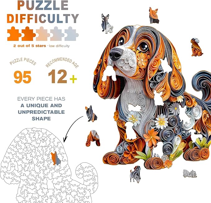 Wooden Puzzles for Adults - Paper Dachshund Wooden Jigsaw Puzzle - Unique Animal Shaped Wood Puzzles Adult - Christmas Birthday Gifts for Adults/Friends/Family - 95pcs 8.5 * 7.5in