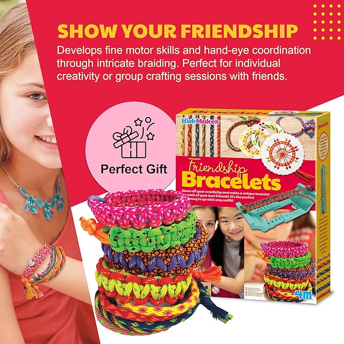 KidzMaker - Friendship Bracelets - DIY Craft Kit for Kids - Create Unique Friendship Bracelet Making KIT with Various Designs and Styles - Includes Braiding Tools, Threads, and Beads for Bracelets