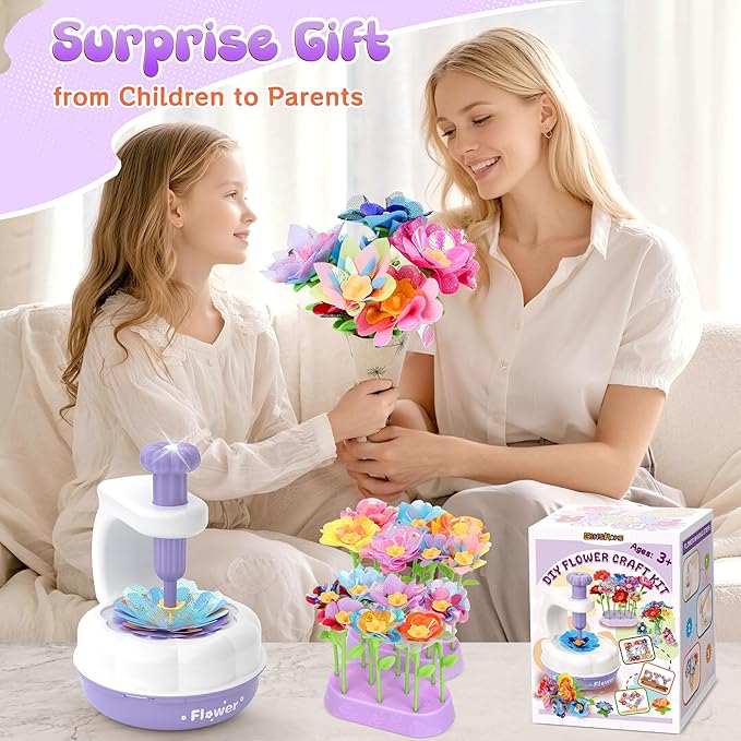 GirlsHome 300+PCS Fabric Flower Bouquets Toys, DIY Flower Crafts Kits for Kids, Arts and Crafts for Kids Ages 6-8 Girls, Build Flower Bouquet, STEM Educational Toy Preschool Gifts (White Purple)