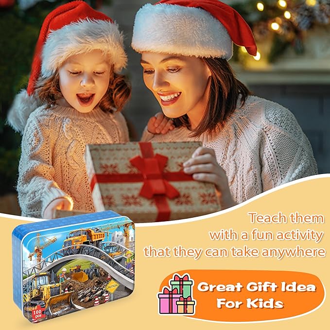LELEMON Puzzles for Kids Ages 4-6,Construction Site 100 Piece Puzzles for Kids Ages 4-8 in a Metal Box,Educational Jigsaw Puzzles 100 Piece Puzzle Games Puzzle Toys for Girls and Boys