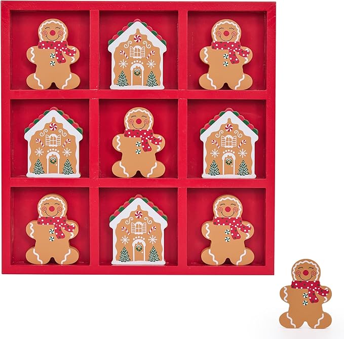 GENMOUS Christmas Tic Tac Toe Game Board Indoor Game, 10.6 Inch Rustic Giant Tic Tac Toe with Gingerbread Man and Igloo, Xmas Coffee Table Decor, Fun for Home Room Holiday Decorations