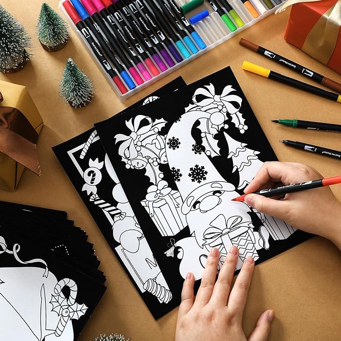 Zhanmai 48 Pcs Christmas Velvet Coloring Posters and Watercolor Pens Cozy Christmas Coloring Book Fuzzy Velvet Xmas Posters for Adults Teenagers Classroom Xmas Festive Arts Crafts